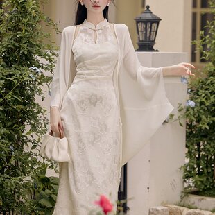 40以上 上架 实拍清冷感改良旗袍裙配开衫 求婚裙