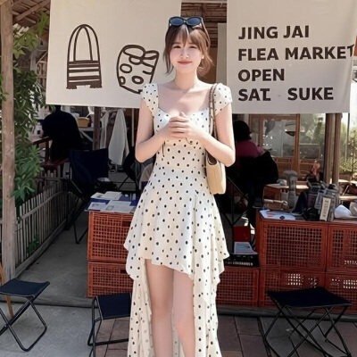 CallmeEar原创不规则裙摆连衣裙缎面波点天丝印花露背长裙