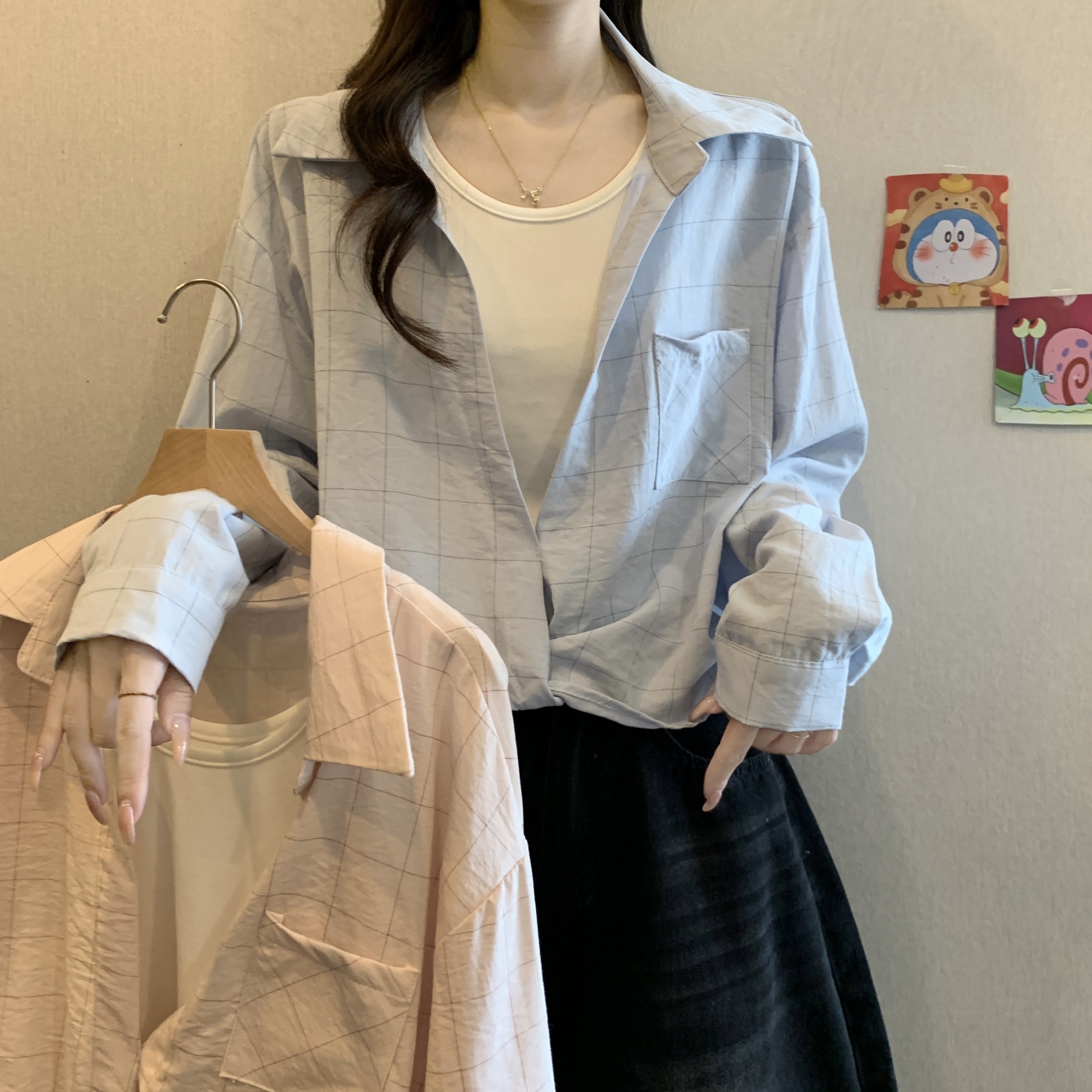 条纹正肩纽结长袖衬衫女2025早秋新款胖MM显瘦吊带背心叠穿两件套