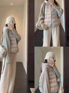 网图轻薄针织毛衣袖拼接羽绒棉服女短款假两件2025冬季新款外套