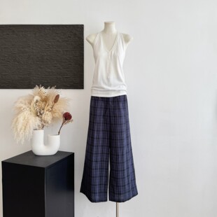 cookadaily人鱼_雅痞松弛慵懒随性藏青格纹宽松阔腿裤休闲裤长裤