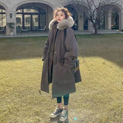 加绒加厚派克服女冬季新款ins棉服中长款棉衣宽松工装连帽外套潮