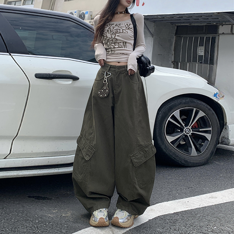 爱伊恋5744秋冬绿色卡其辣妹弯刀裤百搭显瘦多口袋阔腿工装休闲裤