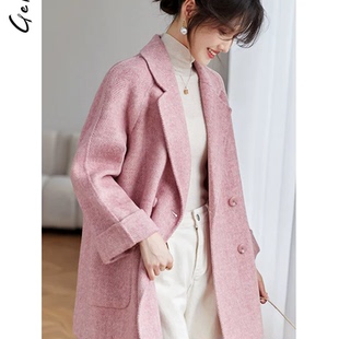 2025新款秋冬双面绒粉色羊毛大衣女小个子中长韩版呢外套气质休闲