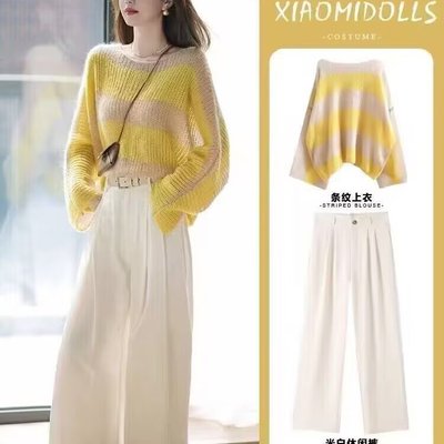 今年流行秋装搭配一整套减龄洋气时尚黄色镂空针织衫阔腿裤套装女