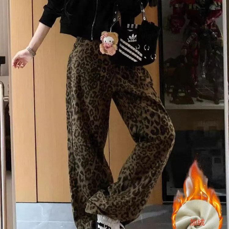 加绒款+常规款 美式豹纹辣妹阔腿美式直筒高街宽松休闲裤牛仔裤