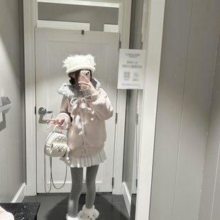 韩系学院风粉色大毛领棒球服女春秋季新款蝴蝶结连帽呢子外套上衣