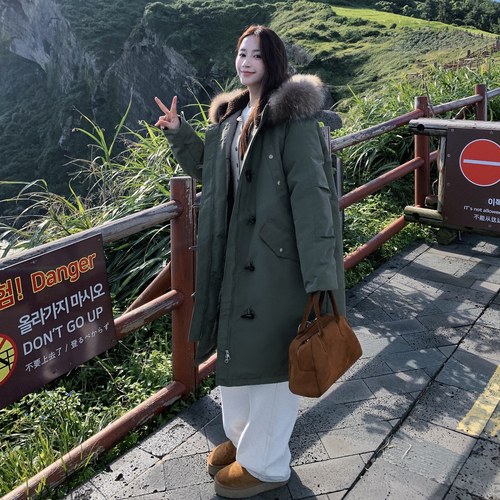 大毛领连帽羽绒棉服女冬2025新款宽松大码胖mm中长款保暖加厚外套