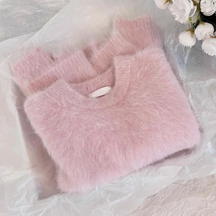 韩系粉色水貂绒软糯加厚毛衣打底衫女可外穿内搭秋冬短款针织上衣