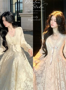 Blovelan迷迭花园 法式纯欲v领蕾丝加绒连衣裙收腰千金风蓬蓬裙