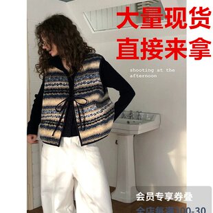 冰岛几何'秋冬复古撞色花纹绒感蝴蝶结绑带可叠穿Vintage马甲