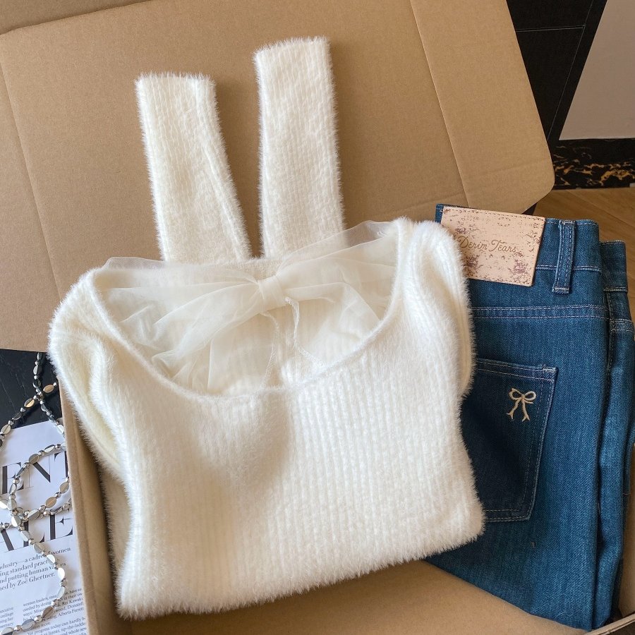 实拍～气质修身水貂绒毛衣女设计感针织上衣内搭纯欲u领打底衫