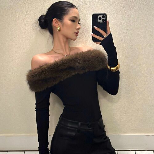 rovente 香肩反叛黑色毛毛领一字肩T恤长袖修身露肩抹胸辣妹上衣