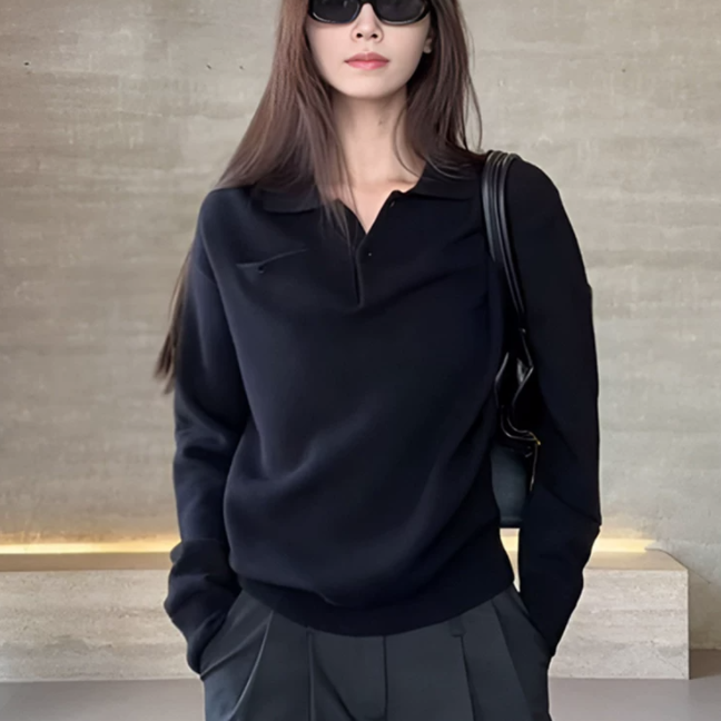 黑色中长款polo领长袖针织毛衣女2025新款秋款宽松慵懒风内搭上衣