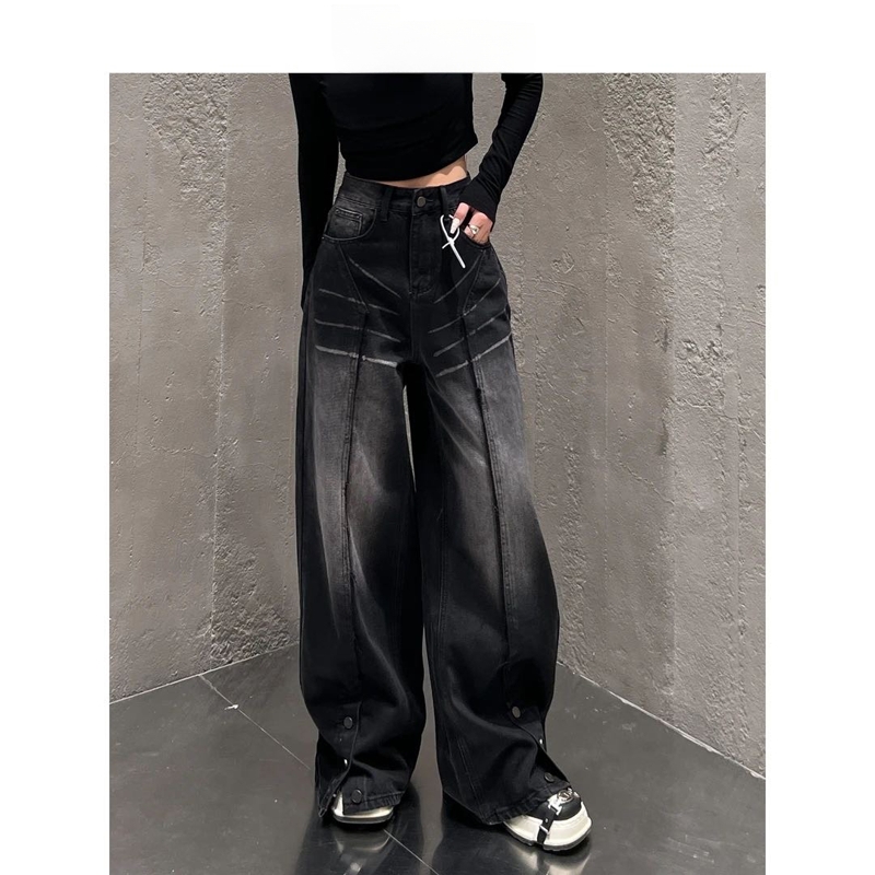 美式复古渐变黑色牛仔裤高腰直筒拖地裤2024秋冬休闲水洗牛仔裤女