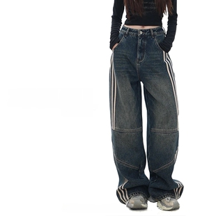女裤 潮牌三杠线设计直筒牛仔裤 女秋冬胖妹妹mm高腰宽松显瘦阔腿裤