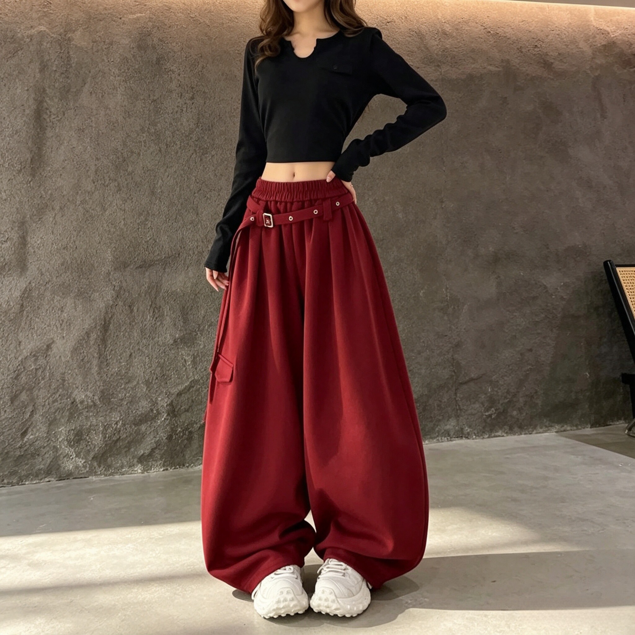腰带慵懒风中高腰宽松阔腿裤女裤