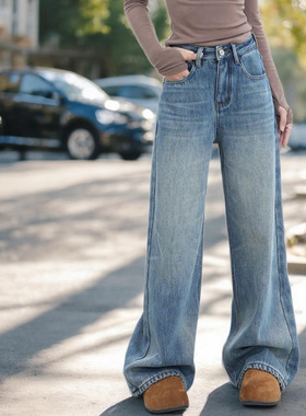 浅蓝色加绒加厚复古牛仔裤女秋冬季胖妹妹mm高腰宽松显瘦阔腿裤女