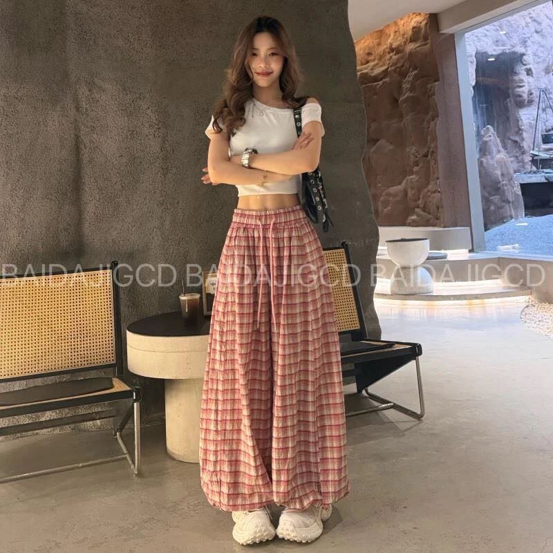时尚百搭夏季新款高腰显瘦格子灯笼裤脚口开口透气轻薄休闲女裤子