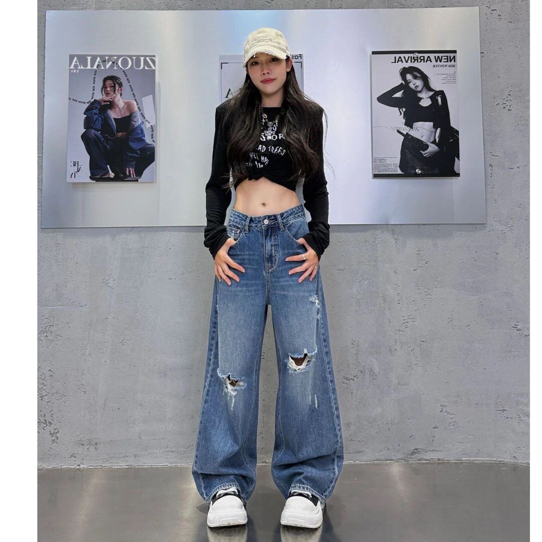 潮牌破洞阔腿牛仔裤女2026夏季新款休闲百搭宽松直筒堆堆长裤子女
