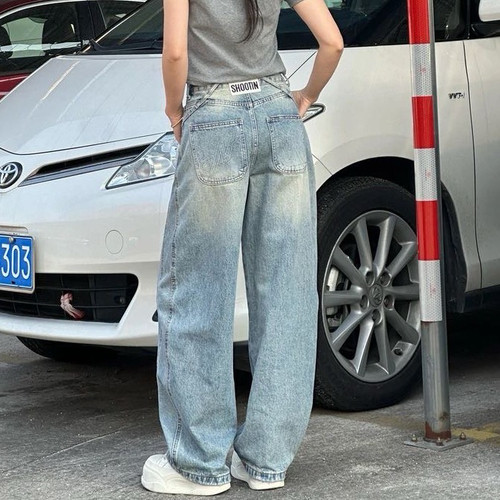 个性字母显瘦弯刀裤休闲牛仔裤2025年春夏新高街水洗阔腿裤女裤子