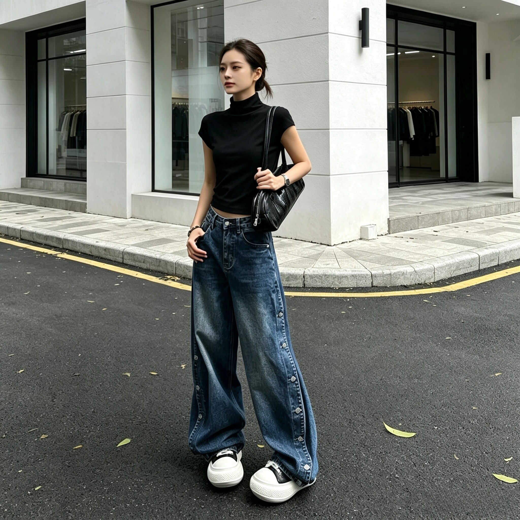 美式街头嘻哈排扣宽松百搭显瘦弯刀牛仔裤春秋新高腰堆堆牛仔裤女