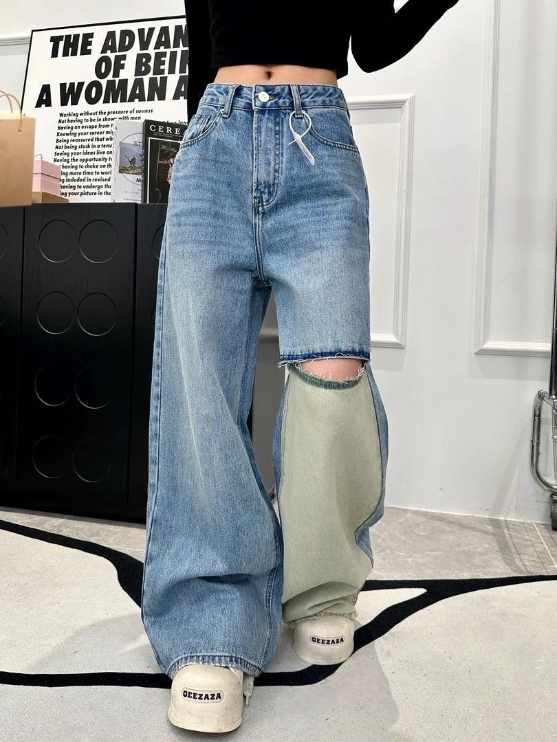 早春宽松中高腰显瘦牛仔裤破洞撞色美式复古水洗阔腿休闲裤长裤子
