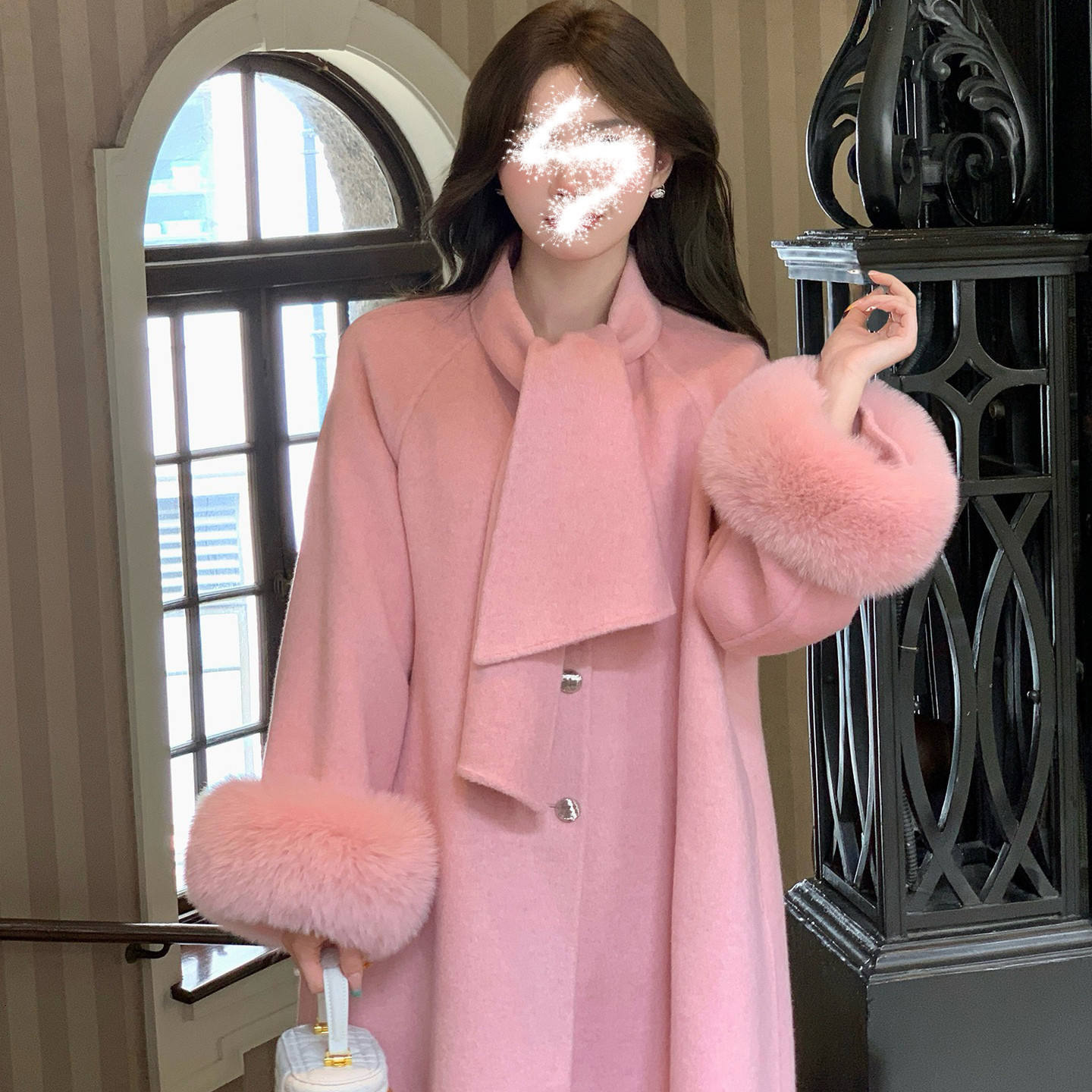 2025温柔风粉色双面羊毛大衣女秋冬高级感狐狸毛袖少女感甜美外套,女装/女士精品,毛呢外套,淘宝优惠券,粉丝福利购,淘宝优惠卷