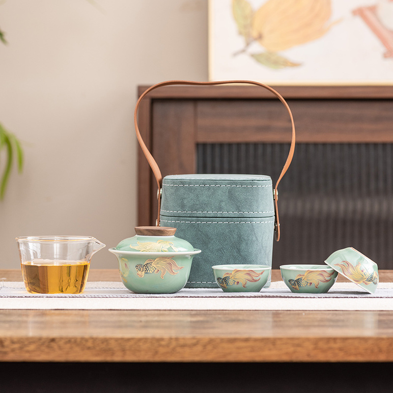 青瓷旅行茶具便携收纳户外一壶三杯车载泡茶小套装logo商务伴手礼