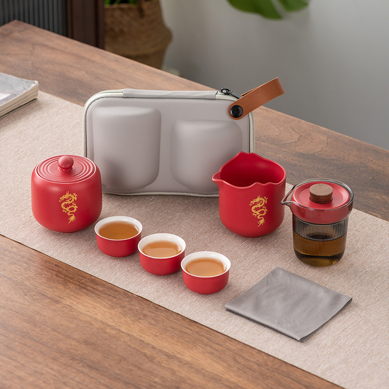龙腾四海旅行茶具一壶三杯快客杯红色喜庆节日礼品高档商务伴手礼