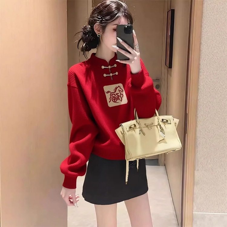 新中式国风盘扣白马红色圣诞毛衣女款2025新款冬季本命年马年衣服