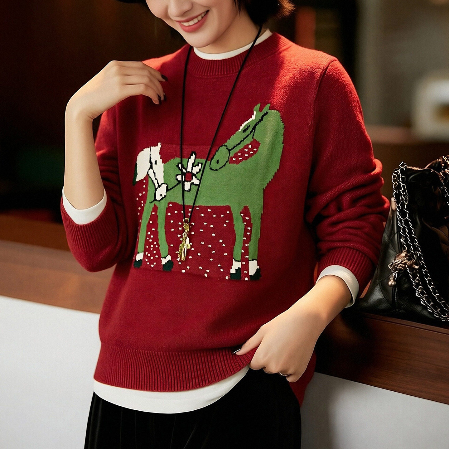 新年红马上有钱针织衫2026春装新款上衣圆领套头软糯保暖提花毛衣