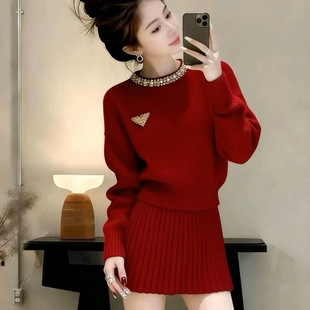 红色针织套装裙女秋冬高级感圆领套头毛衣半身短裙子两件套小个子