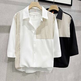 男士 衬衫 夏季 潮流修身 衬衣服 薄款 痞帅翻领五分袖 冰丝条纹拼接中袖
