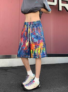 泼墨油画运动短裤男夏季薄款潮牌美式高街休闲中裤宽松沙滩五分裤