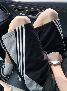 黑色美式三条杠短裤男款夏季拼接撞色运动裤子外穿宽松休闲五分裤