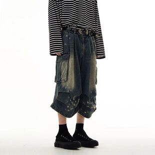 夏季新款多口袋褶皱工装牛仔短裤男女宽松直筒斑点水洗做旧七分裤