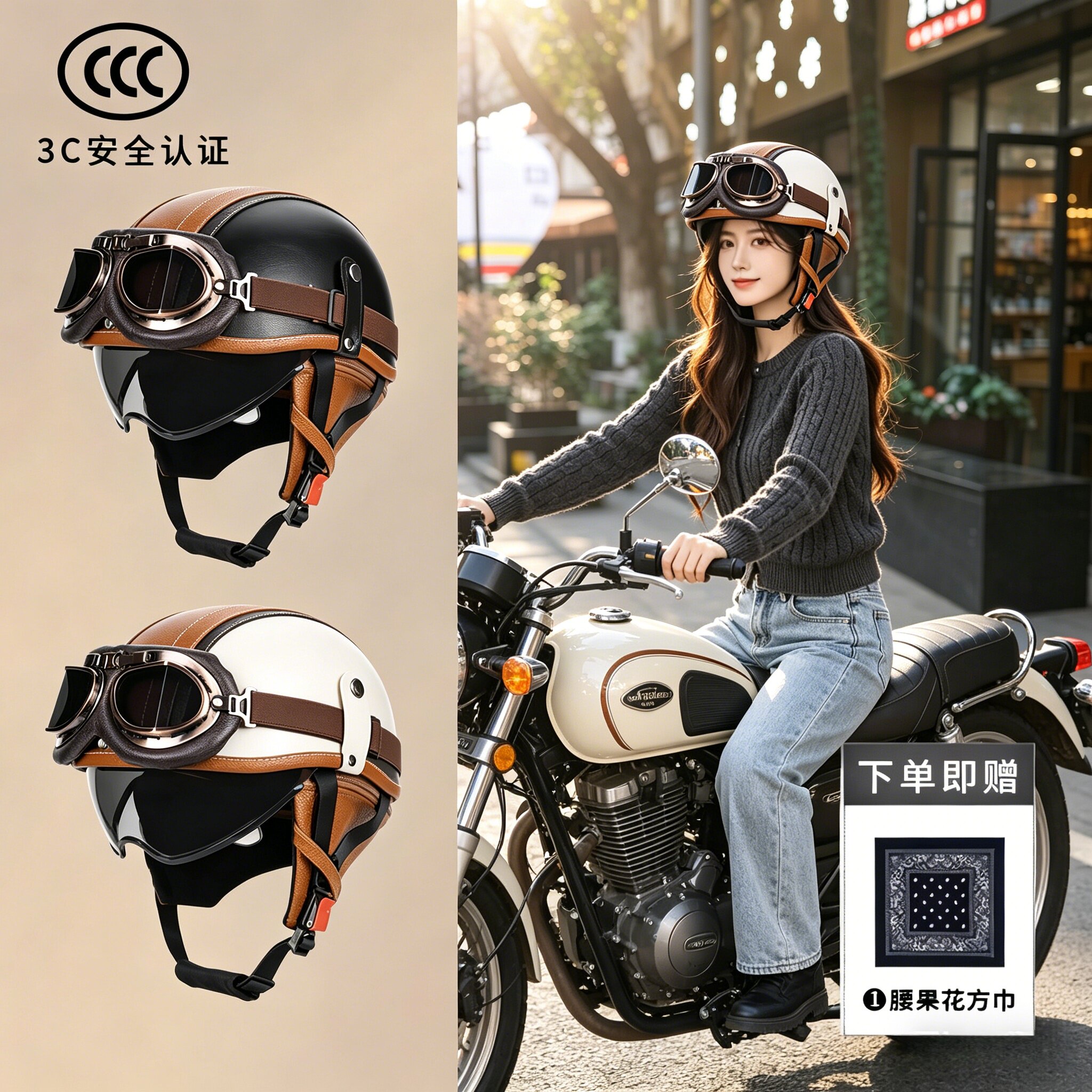 A类小壳体巡航皮质摩托车复古头盔男女四季机车半盔电动日式瓢盔