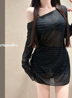 大码泳衣女款分体三件套长袖防晒复古条纹性感比基尼微胖女孩遮肉