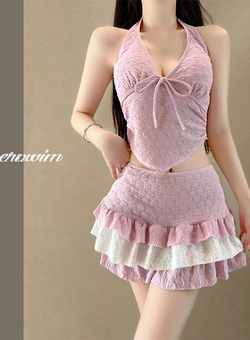 分体式泳衣女款三件套甜美蛋糕半裙性感纯欲风温泉度假泳装比基尼