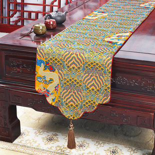 桌旗茶桌垫布茶台禅意餐桌布云锦绸缎长条床旗高端茶几茶旗 新中式