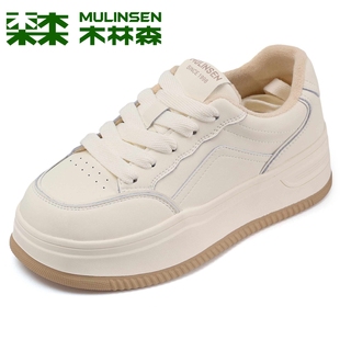女士运动休闲厚底增高板鞋 木林森女鞋 真皮百搭小白鞋 保暖棉鞋 冬季