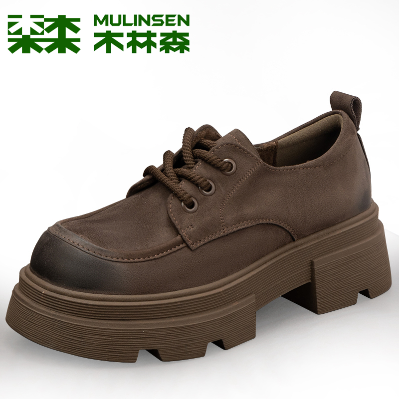 木林森女鞋加绒保暖系带小皮鞋