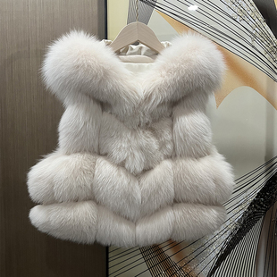 整皮狐狸毛皮草马甲女连帽2024冬季新款背心短款夫人不爱荔枝皮