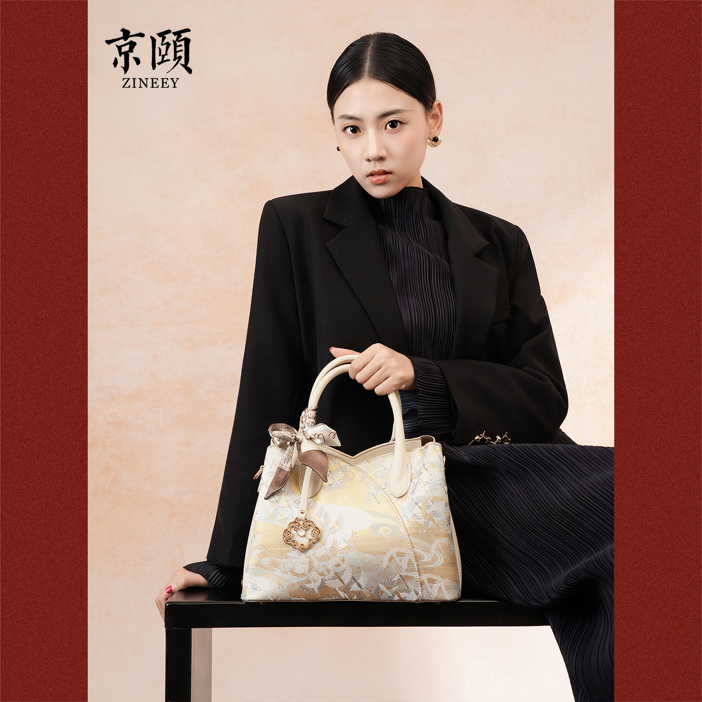 京颐/ZINEEY新中式宋锦手提包女 仙鹤织锦丝巾款大容量斜挎妈妈包