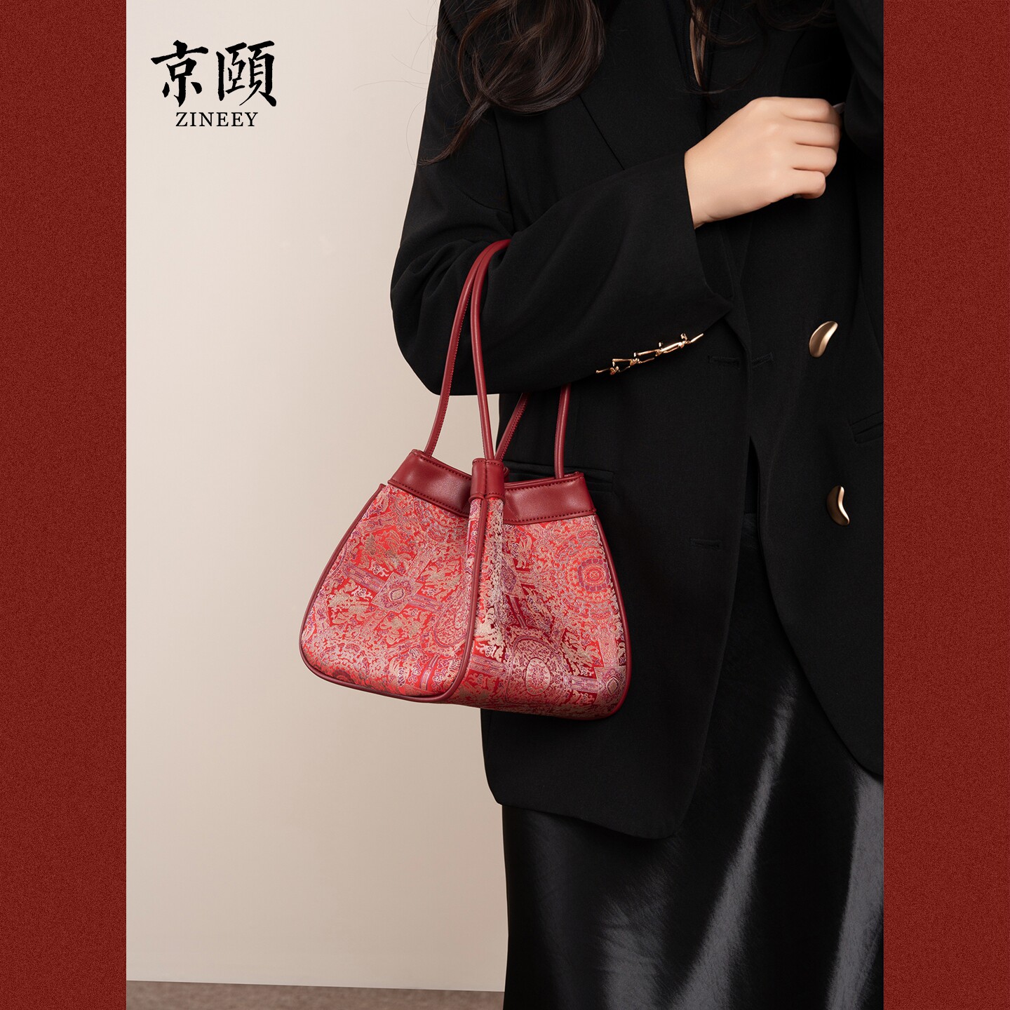 红色宝相花宋锦手提包女新中式结婚喜妈妈包新娘日常通勤两用包