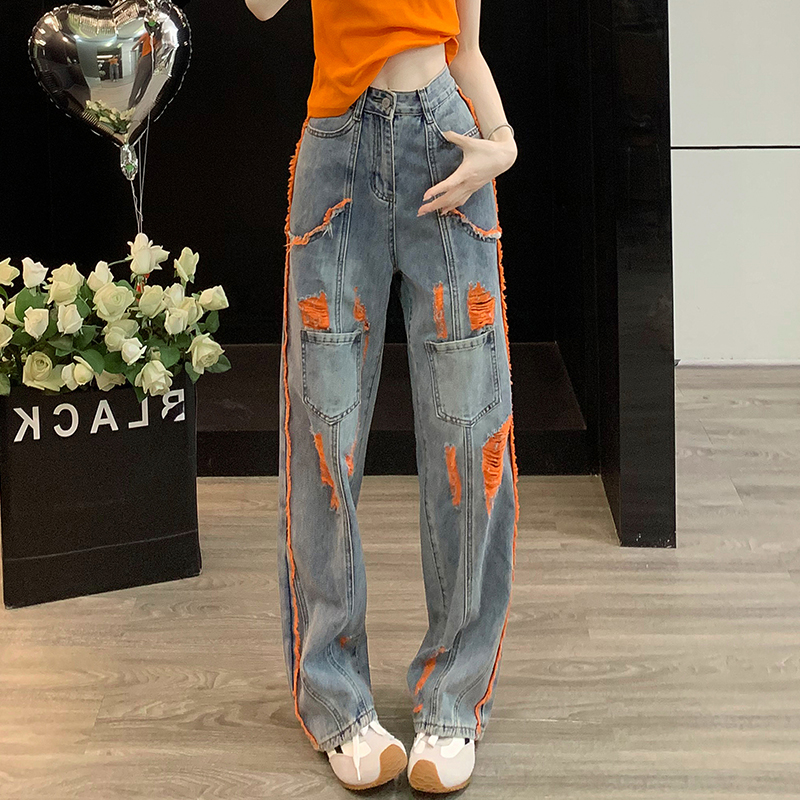 撞色破洞牛仔裤女休闲直筒长裤潮