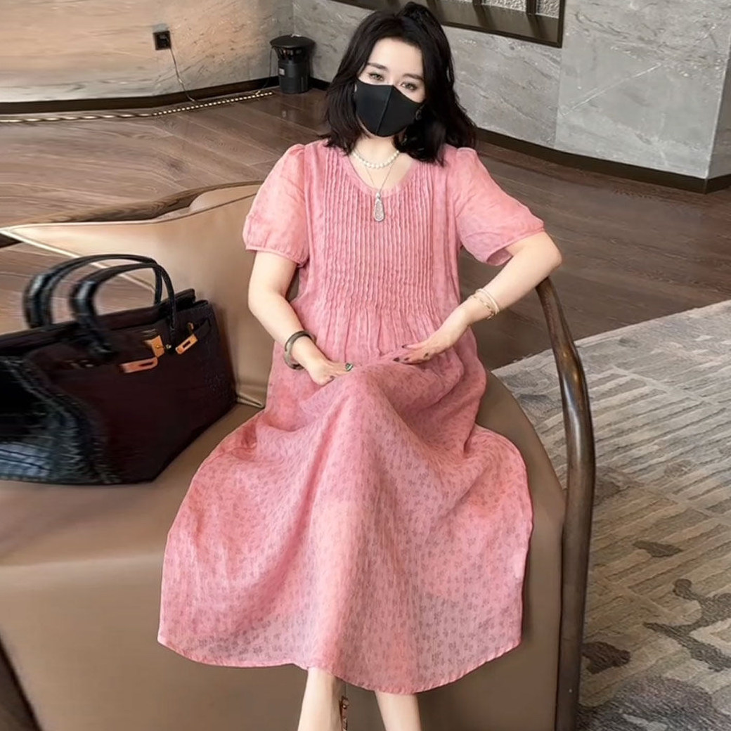 高级感粉色短袖连衣裙女2025夏季新款宽松中长款甜美遮肚显瘦裙子,女装/女士精品,连衣裙,淘宝优惠券,粉丝福利购,淘宝优惠卷