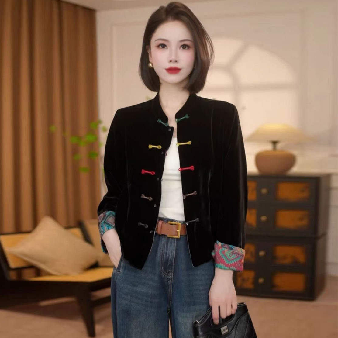 高级感新中式丝绒气质外套女2026秋季新款时尚彩扣双面穿短款上衣,女装/女士精品,短外套,淘宝优惠券,粉丝福利购,淘宝优惠卷
