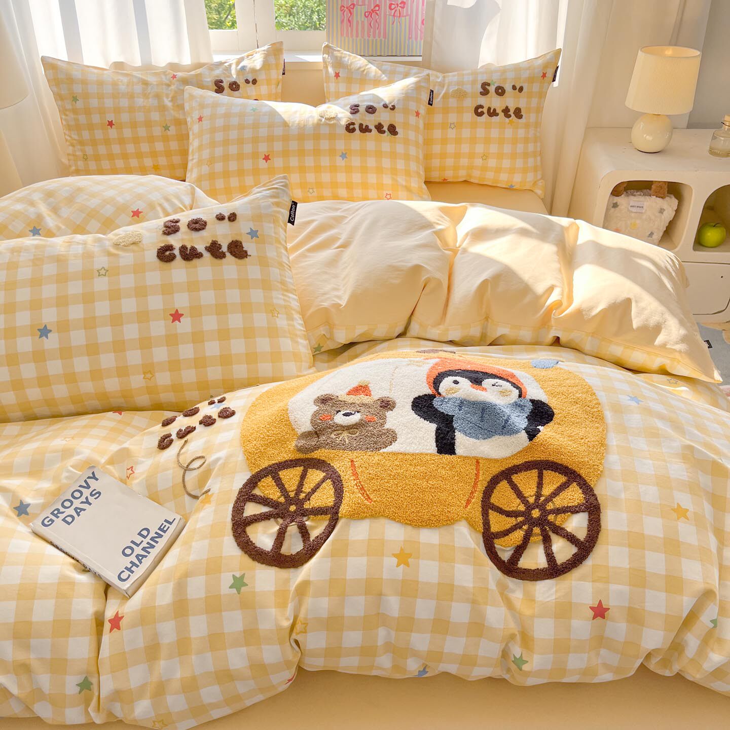 全棉四件套卡通刺绣毛巾绣被套柔软舒适亲肤100%纯棉床单床上用品